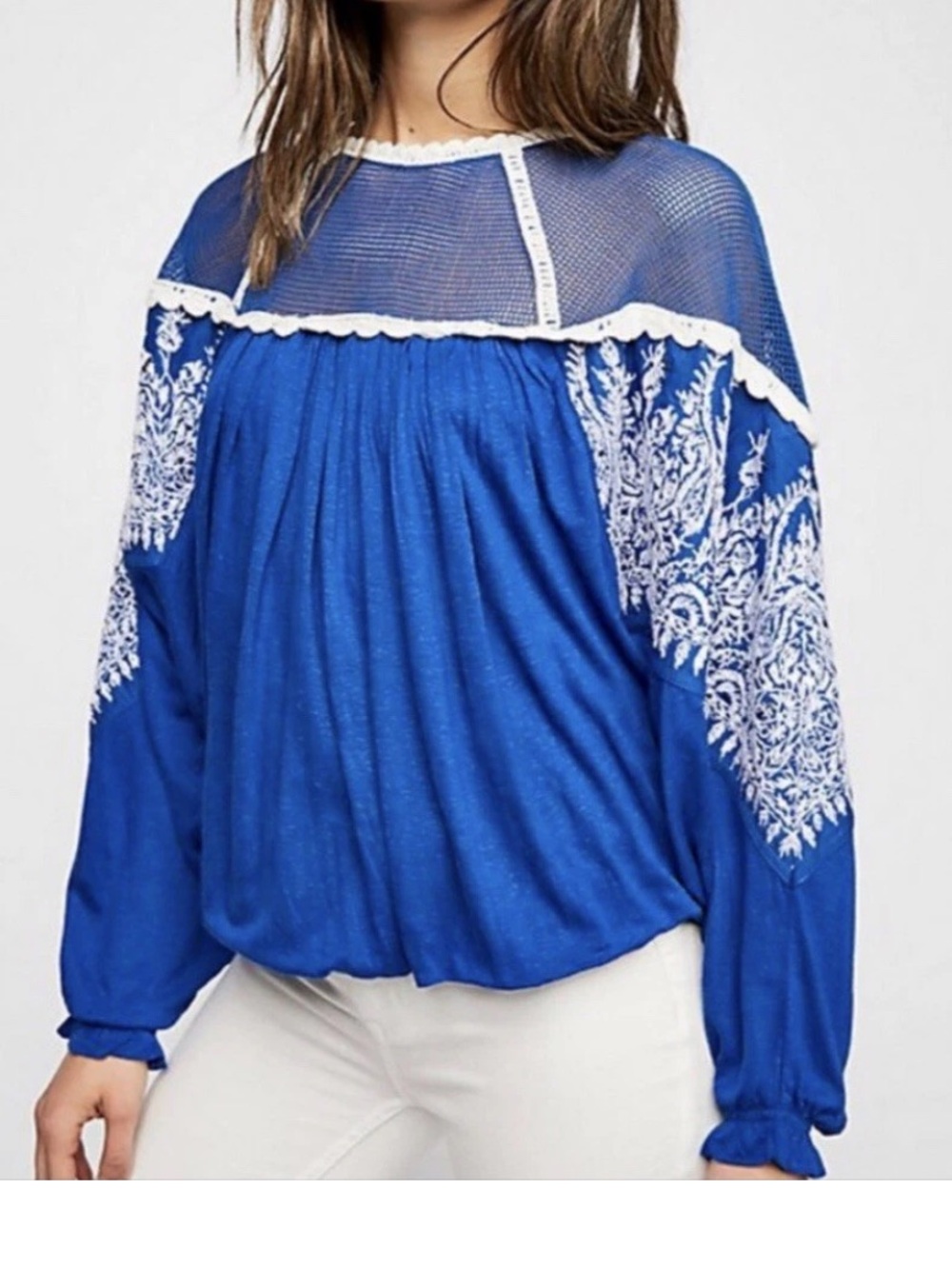 Free People womans Carly Blue Embroidered Mesh top size L